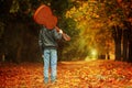 Boy with guitar walking on the autumn road. Back view Royalty Free Stock Photo