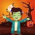 Boy with halloween frankenstein costume in front tree at night vector design Royalty Free Stock Photo