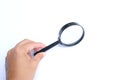 Boy hand holding  Magnifying glass  isolate on a white background Royalty Free Stock Photo