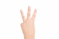 Boy hand show three finger symbol on isolated white background for graphic designer