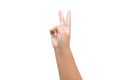 Boy hand showing two fingers as victory sign on white background Royalty Free Stock Photo