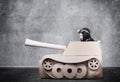 Boy in handmade cardboard panzer. Royalty Free Stock Photo
