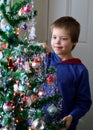 Boy hanging icicles on Christmas Tree holiday decorating