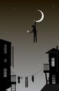 Boy hanging the moon, dreamer in the city, fairytale scene in the city,