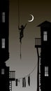 Boy hanging on the rope and touching the moon, catch the dream in the city,