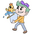 Boy with a happy face carrying fish in the bucket from fishing, doodle icon image kawaii