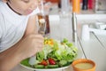 Boy happy ready to eat vegetable salad Royalty Free Stock Photo