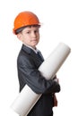 The boy in hardhat holds a roll of drawings Royalty Free Stock Photo