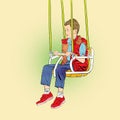 Boy has fun on the rides. Amusement park. Playground. Swinging on swing.