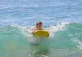 Boy has fun surfing in the waves