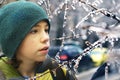 Boy have fun with Frozen in the ice tree branches