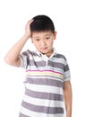 Boy having a headache holding his head with his hand, isolated on the white background Royalty Free Stock Photo