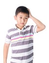 Boy having a headache holding his head with his hand, isolated on the white background Royalty Free Stock Photo