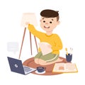 Boy Having Online Lesson, Homeschooling, Distance Learning Concept Cartoon Style Vector Illustration