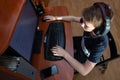 A boy in headphones in front of a computer does his homework. Distance learning in quarantine Royalty Free Stock Photo