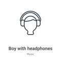 Boy with headphones outline vector icon. Thin line black boy with headphones icon, flat vector simple element illustration from Royalty Free Stock Photo