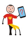 A boy with a heart on a T-shirt and a tablet on which a question mark is shown