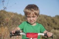 A boy without helmet rides a bicycle. Walk in the park Royalty Free Stock Photo