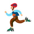 Boy with helmet riding roller-skates flat character
