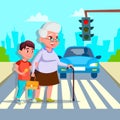 Boy Helping Senior Woman Crossing Street Vector Drawing