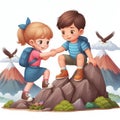 A boy helps a girl climb a mountain.