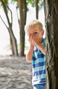 Boy hiding behind tree Royalty Free Stock Photo