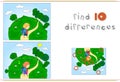 A boy with a hiking backpack goes to the forest. Educational game for kids: find ten differences