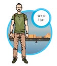 Boy hipster character, vector illustration man on city background