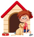 A boy with his dog and doghouse