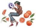Boy with his moon and oranges, watercolour clipart
