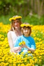 Boy and his Mother Sitting in a Dandelion Field Royalty Free Stock Photo