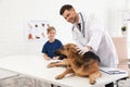 Boy with his pet visiting veterinarian. Doc examining dog Royalty Free Stock Photo