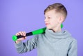 Boy hold baseball bat. Sport and hobby. Teenager boy likes baseball. Active leisure and lifestyle. Healthy childhood Royalty Free Stock Photo