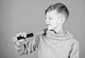 Boy hold baseball bat. Sport and hobby. Teenager boy likes baseball. Active leisure and lifestyle. Healthy childhood Royalty Free Stock Photo