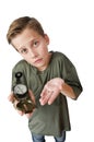 Boy hold a compass on white Royalty Free Stock Photo