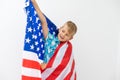 Boy holding American flag, isolated on white Royalty Free Stock Photo