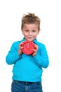 Boy is holding big clock, isolated over white Royalty Free Stock Photo