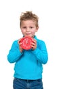 Boy is holding big clock, isolated over white Royalty Free Stock Photo