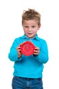 Boy is holding big clock, isolated over white Royalty Free Stock Photo