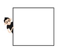 Boy holding blank sign. your text here. boy peeping from behind a blank board mock up Royalty Free Stock Photo