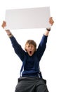 Boy holding blank white sign