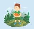 A boy holding a bunch of carrots on the background of a mountain landscape. A farmer working in the field. Vector Royalty Free Stock Photo
