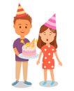 Boy Holding Cake for Birthday Girl Congratulating. Royalty Free Stock Photo