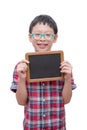 Boy holding chalkboard over white Royalty Free Stock Photo