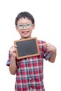 Boy holding chalkboard over white Royalty Free Stock Photo