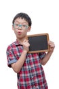 Boy holding chalkboard over white Royalty Free Stock Photo