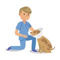 Boy holding dog. Pet doctor. Cartoon veterinarian healing dog.