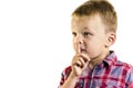 Boy holding a finger near lips Royalty Free Stock Photo