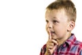 Boy holding a finger near lips Royalty Free Stock Photo