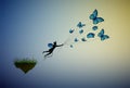 Boy holding flock of blue butterflies and flying away from the flower island, fairy character, life in the dreamland on